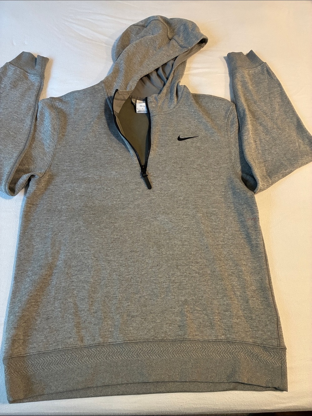Nike Men’s Light Gray Zip Pullover Hoodie with Black Swoosh